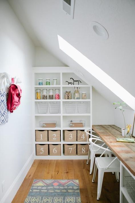 Craft Room Slanted Ceiling Living Room, Creative Shelving Ideas, House Of Jade Interiors, Exterior Home Renovation, Attic Office, Slanted Walls, Apartment Entrance, Small Craft Rooms, Small Attic