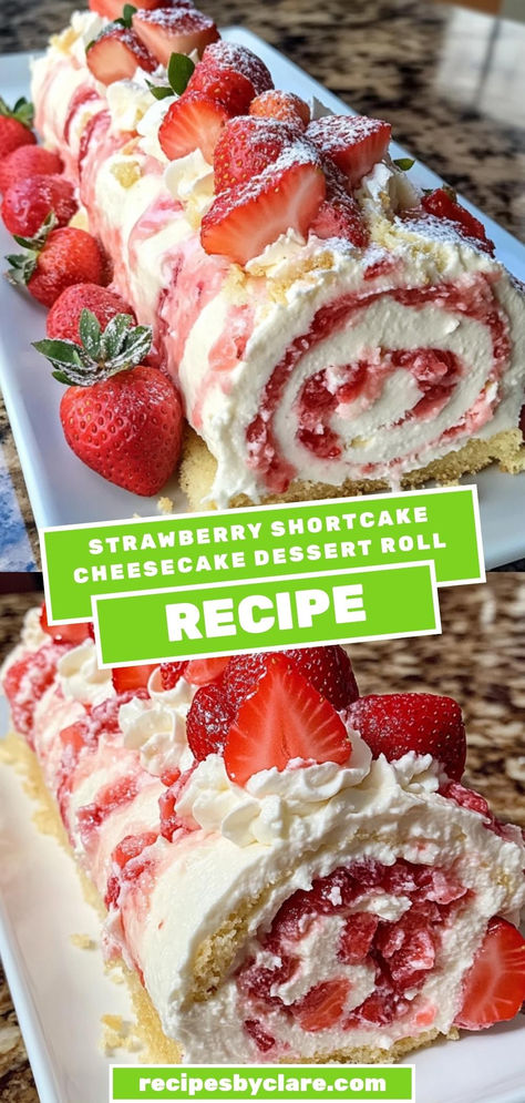 Indulge in this Fluffy Strawberry Shortcake Cheesecake Roll, featuring a soft cake filled with creamy cheesecake and vibrant strawberries. Rolled to perfection, this dessert is a show-stopper!

Ingredients:

3 large eggs
1 teaspoon vanilla extract
1 cup whipped cream
Each bite is filled with creamy cheesecake and sweet strawberries for a delightful dessert! Strawberry Cream Roll Cake, Strawberry Shortcake Cheesecake Rolls, Dessert Roll Recipes, Strawberry And Cream Dessert, Cute Thanksgiving Treats Food Ideas, Things To Bake With Strawberries, How To Make A Cake Roll, Cream Filled Desserts, Strawberry Shortcake Roll Cake