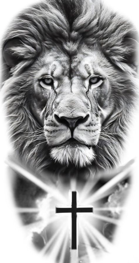 Lion Head Tattoo Stencil, Realistic Lion Tattoo Design, Small Lion Tattoo For Women, Lion With Crown Tattoo, Religious Tattoos For Men, Crucifix Tattoo, Lion Shoulder Tattoo, Small Lion Tattoo, Jesus Tattoo Design