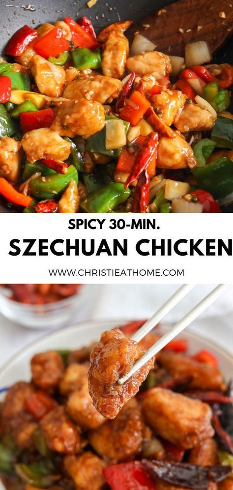 Szechuan Chicken. Fried chicken tossed in a sweet, savory sauce with spicy flavors and Szechuan peppercorns for a mouth-tingling sensation. A Chinese dish with bold flavors ready in 30 minutes! Chinese Grilled Chicken, Sichuan Pepper Recipes, Sezuan Chicken, Spicy Chinese Recipes, Spicy Chinese Food, Chinese Takeaway Recipes, Recipes With Sriracha, Szechuan Chicken Recipe, Chicken Chinese Recipes