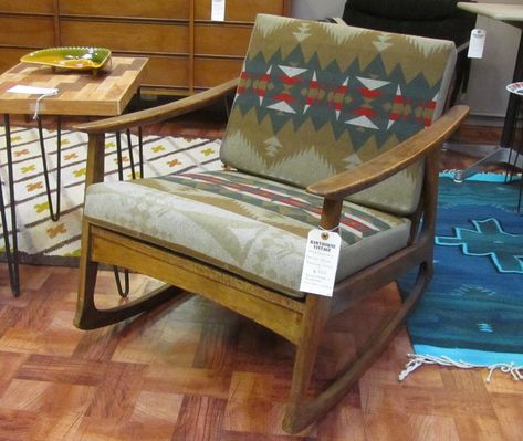 Pendleton chair (1600×1350) Pendleton Chair, Pendleton Furniture, Pendleton Decor, Rustic Lounge Chair, Vermont Cabin, Cabin Inside, Chair Restoration, Pendleton Blankets, Danish Lounge Chair