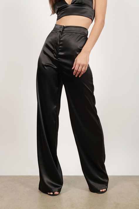 Private Affair Black Satin Wide Leg Pants - $30 | Tobi US High Waisted Black Pants Satin, Black Satin High Waist Bottoms, Black Satin High Waist Pants, Satin Pants Outfit Casual, Black Satin Pants Outfit, 21st Outfits, Black Satin High-waisted Pants, Satin Cargo Pants Black, Satin Pants Outfit