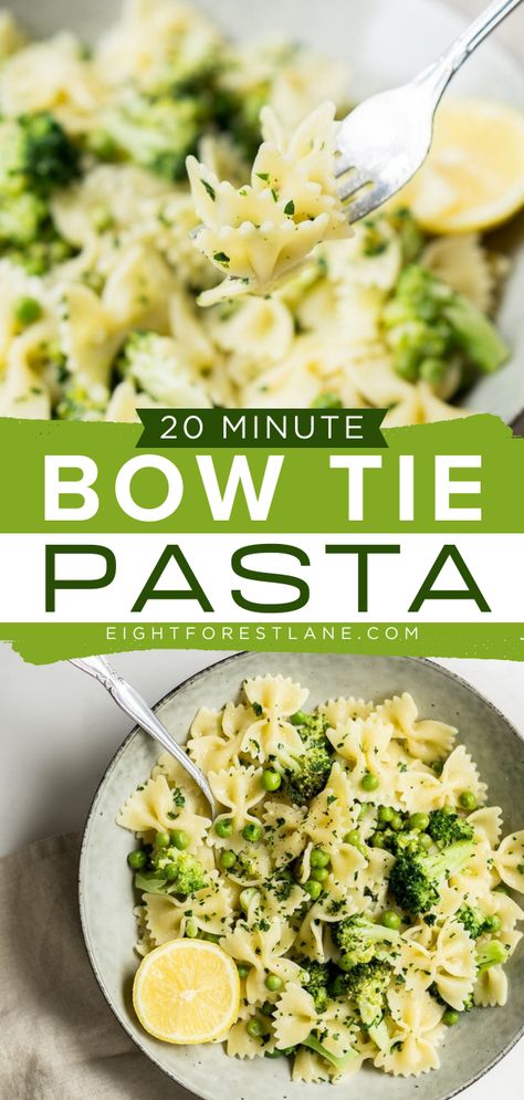 This busy weeknight dinner is also an easy meal for lunch! It's the ultimate vegetarian food. Made with broccoli, peas, lemon, and garlic, this 20-minute bow tie pasta recipe is delicious! Pin this for later! Bow Tie Pasta With Peas, Bow Pasta Recipes, Bow Tie Pasta Recipes, Vegetarian Pasta Recipe, Bow Tie Pasta Recipe, Pasta Salad With Spinach, Pasta With Broccoli, Chicken Pasta Dishes, Bow Tie Pasta