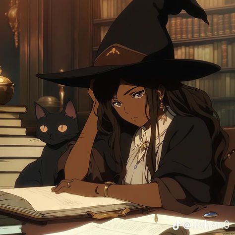 Black Witch Cartoon, Black Witch Art, Cute Black Women, Black Cat Witch, Anime Witch, Arte Van Gogh, Black Cartoon Characters, Black Witch, Black Anime