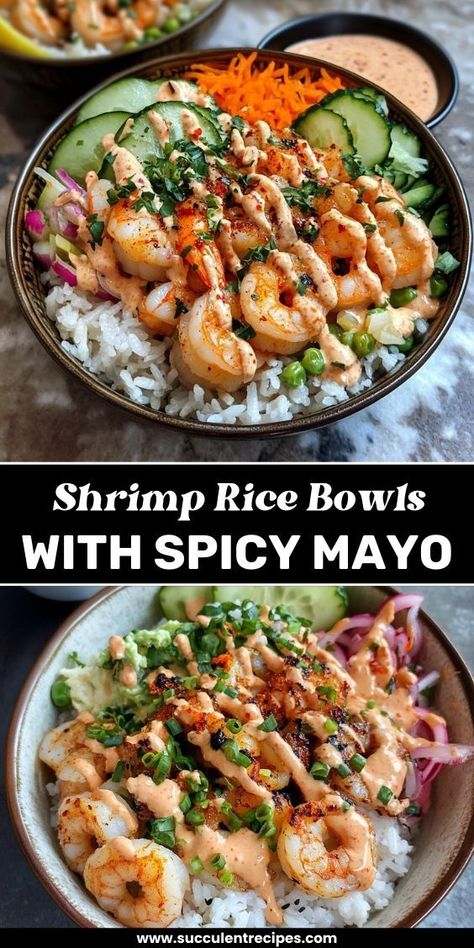 These Shrimp Rice Bowls with Spicy Mayo are a flavor-packed meal! Juicy shrimp, fluffy rice, and a creamy, spicy mayo drizzle make the perfect combination. Sesame Shrimp Bowl, Shrimp Rice Bowl Yum Yum Sauce, Sushi Bowls With Shrimp, Honey Shrimp Bowl, California Rice Bowl, Shrimp Tempura Poke Bowl, Shrimp Cucumber Rice Bowl, Trader Joes Shrimp Taco, Shrimp Fried Rice Meal Prep