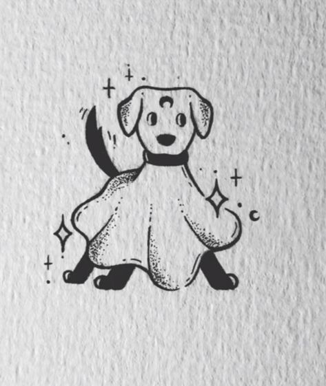 Simple Horror Art, Mini Drawing Ideas Aesthetic, Spooky Dog Drawing, Witchy Dog Tattoo, Dog Halloween Tattoo, Opposite Drawings, Cute Spooky Doodles, Ghost With Knife Tattoo, Polar Opposite Tattoos