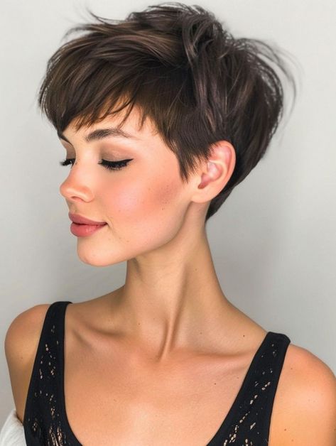 Pixie Cut with Side-Swept Bangs, short haircuts with fringe Pixie Bob Haircut With Bangs, Long Pixie Cut With Bangs, Asymmetrical Pixie Haircut, Pixie Cut With Long Bangs, Easy Short Haircuts, Pixie Haircut Styles, Short Haircuts With Bangs, Curly Pixie Haircuts, Longer Pixie Haircut