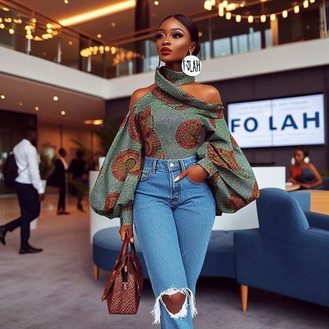 African Top Styles, African Tops For Women With Jeans, Afrochic Fashion, African Print Tops With Jeans, African Attire Tops, Ankara Top Styles For Jeans, African Print Tops For Women, Folah Signature, Ankara Tops With Jeans