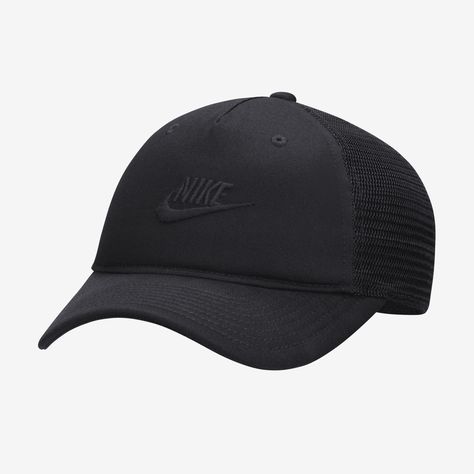 The Nike Rise Cap brings the classic trucker hat look to your collection. This structured, high-depth design features a foam front panel combined with mesh on the back for that signature look. Black Nike Cap, Nike Cap, Signature Look, Snap Backs, Pet, Black Nikes, Warm Weather, Trucker Cap, Baseball Cap