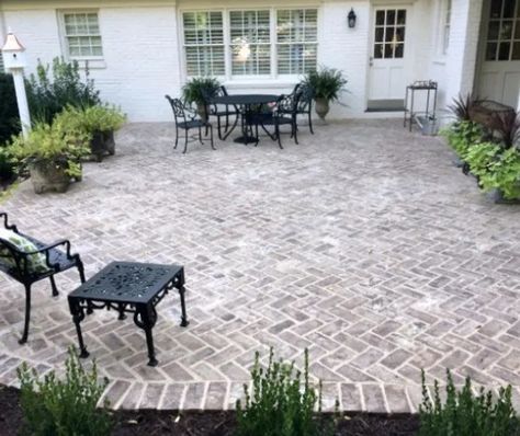 Brick Veneer Pavers, Pavers That Look Like Brick, Brick Patio Front Of House, Patio Pavers Walkway Ideas, Farmhouse Paver Patio, Whitewash Brick Pavers, White Wash Pavers, Outdoor Brick Pavers Patio Ideas, Patio With Brick Pavers