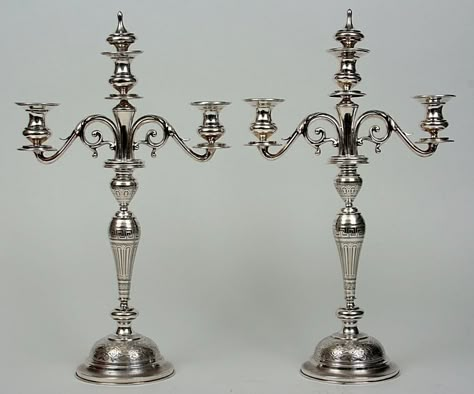 Pair of Austro-Hungarian tall (51 cm) silver 800 candelabras by Gustav Emanuel Eitel, 1903-1924 Catholic Core, Fiber Sculpture, Pooja Room Design, Austro Hungarian, Vintage Candle, Pooja Rooms, Vintage Candle Holders, Table Accessories, Something Beautiful