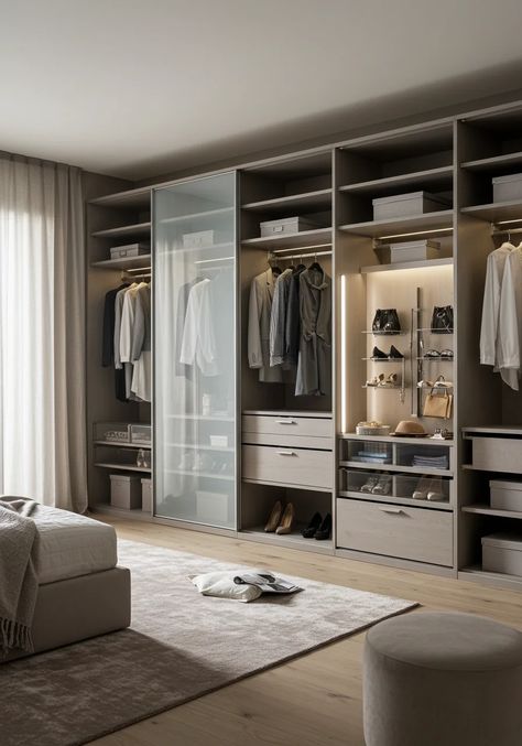 Upgrade your bedroom with a sleek, floor-to-ceiling modular wardrobe designed for ultimate organization. Featuring customizable shelves, sliding glass doors, and pull-out storage bins, it offers a perfect balance of style and functionality. A built-in LED-lit display adds a luxurious touch, complementing the neutral color palette and plush decor.