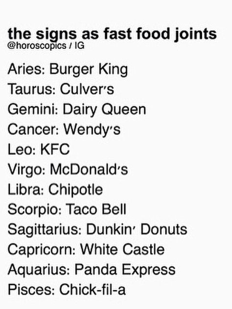 I'm Burger King would have thought I was KFC Panda Express, Dairy Queen, Taco Bell, Chick Fil A, Burger King, Beautiful Creatures, Zodiac Signs, Astrology, Signs