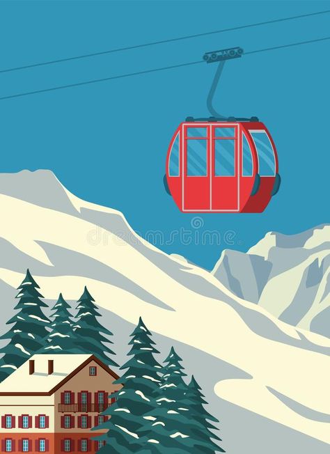 Winter Mountain Landscape, Ski Gondola, Gondola Lift, Snow Illustration, Winter Poster, Ski Vintage, Vintage Ski Posters, Vintage Banner, Ski Art