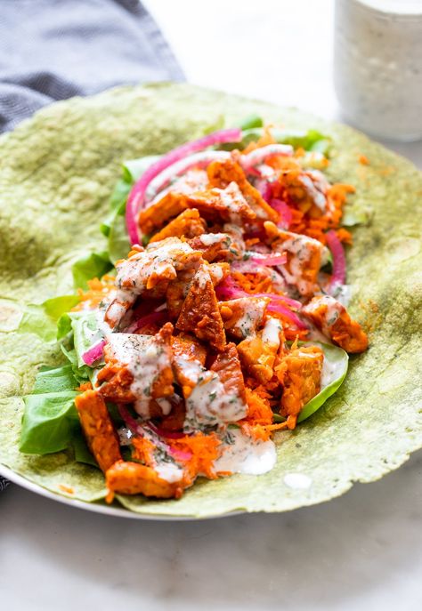 This buffalo tempeh wrap with homemade ranch is a super simple lunch option that packs a lot of flavor and plant-based protein. Tempeh Wrap, Buffalo Tempeh, Homemade Vegan Ranch Dressing, Vegan Buffalo Sauce, How To Cook Tempeh, Vegan Ranch Dressing, Spinach Wraps, Gluten Free Wraps, Tempeh Recipes