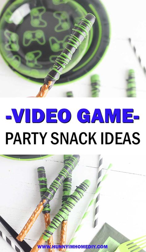 Do you need video game party food ideas? You'll love these video game party snacks! These chocolate covered pretzels make great snacks for a video game party. Your video game birthday party guests will love these easy chocolate dipped pretzels because they make the perfect video game party treats. If you need ideas for video game birthday party food, these simple chocolate pretzels are a great idea. They make great video game treats, video game treat ideas, video game snacks for kids, and video Video Game Night Food, Video Game Party Snacks, Gamer Party Food Ideas, Video Game Treats, Game Party Food Ideas, Gamer Party Food, Video Game Party Food, Gaming Snacks, National Video