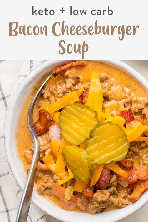 A keto cheeseburger soup that's easy to make and perfect for the stove top, instant pot or crock pot. Enjoy low carb soup recipes during the colder months that's garnished with bacon, cheese and pickles. Keto Cheeseburger Soup, Keto Waffle Recipe, Healthy Pork Chop Recipes, Soup Crock Pot, Keto Cheeseburger, Keto Waffles, Bacon Cheeseburger Soup, Low Carb Soup Recipes, Quick Healthy Lunch