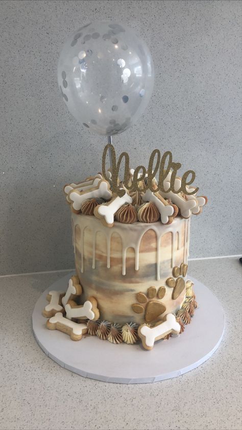 Nellies dog pawty cake. Dog themed cake. Dog party. Dog Themed Birthday Cake Girls, Dog’s First Birthday Ideas, Simple Dog Theme Cake, Dog Shower Party, Pet Theme Cake, Puppy 1st Birthday Cake, Dog Cake Ideas Doggie Birthday, Dog Birthday Cake Design Ideas, Lets Pawty Cake