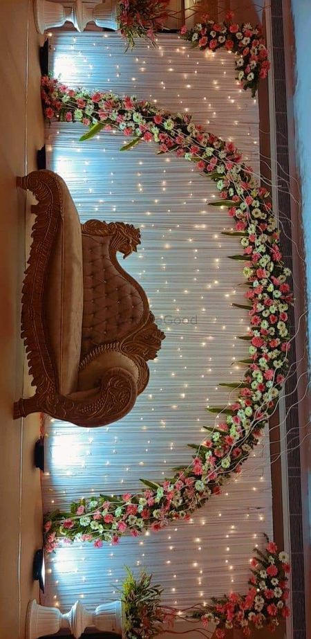 Photo From Wedding Decor by team - By Wedding Vedas Simple Indian Wedding Backdrop, Marriage Stage Decoration Indian Simple, Indian Simple Wedding Decor, Bride Background Decoration, Tilak Stage Decoration, Marriage Stage Decoration Indian Wedding, Stage Decoration Ideas For Wedding, Weeding Decoration Stage, Simple Wedding Stage Decor