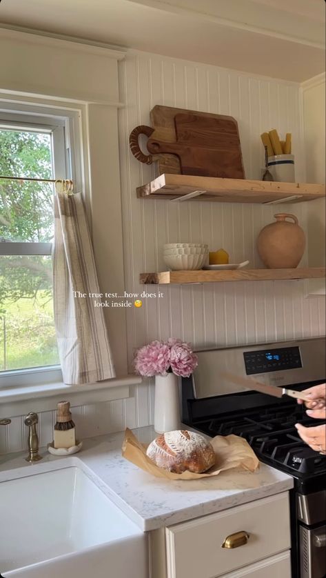 Kitchen Cabinets With Window Over Sink, No Kitchen Window Above Sink, Kitchen Shelf Above Stove, Small English Cottage Interior, Small Shelf Over Stove, Kitchen Window Trim Over Sink, Shelf Above Sink Kitchen, Small Dining Kitchen, Kitchen Window Trim Over Sink Farmhouse