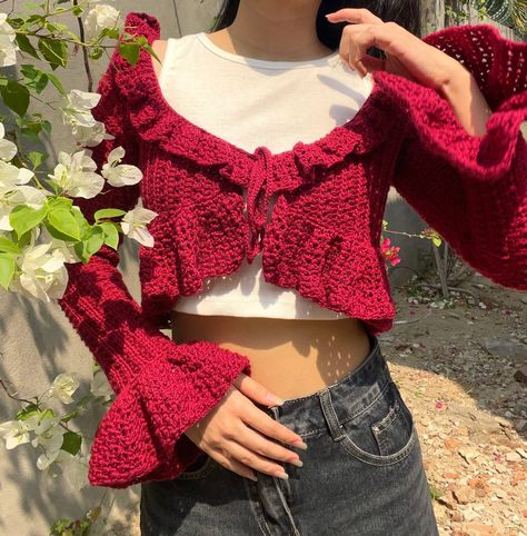 I bet this is the most powerful and juiciest cardigan you will ever seen🫣 I am saying this cuz , when it comes to this bloody red, it is always serving elegant and sexy. PLUS+ this cardigan designed by @iam.lanka is the main character here✨ Red Crochet Top, Choosing Me, Kawaii Diy, Cardigan Design, Crochet Clothing And Accessories, Red Cardigan, Beauty Clothes, Main Character, Crochet Cardigan