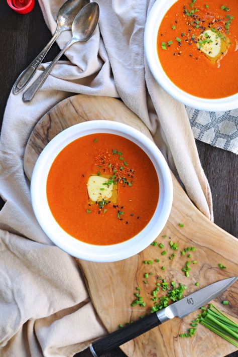 Buttered Miso-Tomato Soup with Roasted Garlic + Togarashi (GF) Miso Recipes, Tomatoe Soup, Miso Recipe, Crispy Eggplant, Pureed Soup, Veggie Stock, Miso Soup, Bowl Of Soup, Vegan Soup