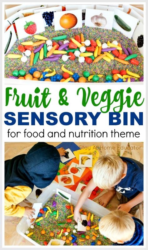 Veggie Sensory Bin, Health And Nutrition Sensory Bin, Healthy Eating Sensory Activities, Healthy Eating Week Eyfs, Healthy Food Sensory Activities, Fruit And Vegetable Sensory Play, Healthy Eating For Preschoolers, Grocery Store Sensory Bin, Healthy Eating Sensory Bin