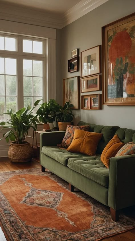 Gold Green Brown Living Room, Emerald Green Mustard Living Room, Green Sofa With Rug, Fall Maximalist Decor, Green Rust Living Room, Olive Couch Living Room Decor, Earthy Maximalist Decor, Muted Maximalism, Wood Accent Living Room