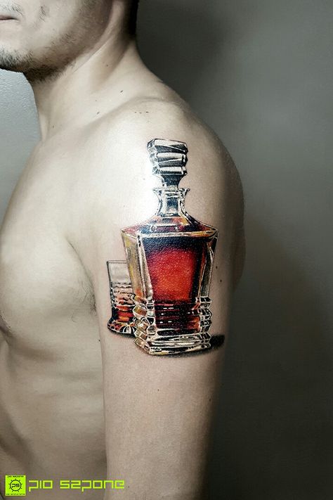 Whisky Tattoo, Drink Tattoo, Rum Bottle, Body Tattoos, Design Inspo, I Tattoo, Geometric Tattoo, Rum, Tattoo Designs