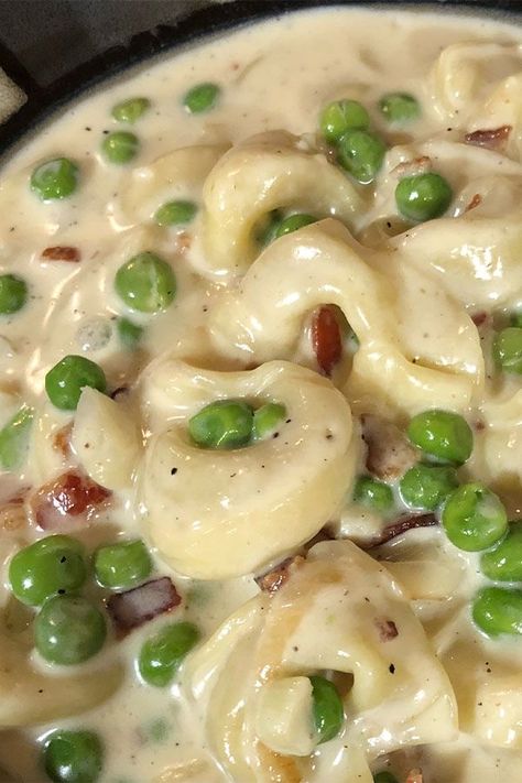 Looking for dinner ideas? Try cooking this tortellini carbonara recipe. Use ham, parmesan cheese, peas, and cheese tortellini to cook this quick and easy tortellini for dinner. Tortellini With Peas And Bacon, Tortellini Straw And Hay, Ham And Cheese Tortellini Recipes, Cheese Tortellini And Meatball Recipes, Tortellini Carbonara Recipes, Instant Pot Tortellini Recipes, Tortelinni Pasta Recipes, 5 Cheese Tortellini Recipes, Cheese Tortellini Recipes Easy