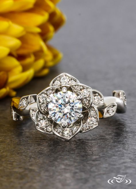 Floral Halo Engagement Ring #GreenLakeJewelry Wedding Ring Ideas, Opal Engagement Ring Set, Green Lake Jewelry, Unusual Wedding, Jewelry Gallery, Antique Engagement Rings Vintage, Floral Halo, Floral Engagement Ring, Aquamarine Engagement Ring