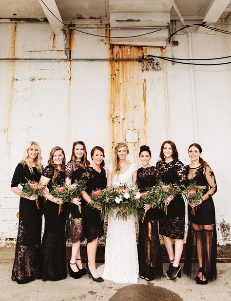 black lace bridesmaids Bohemian Bridesmaid Dresses, Black Bridesmaid Dress Mismatched, Bohemian Bridesmaid Dress, Bohemian Bridesmaid, Fall Bridesmaids, Bridesmaid Dresses Boho, Black Bridesmaid, Loft Wedding, Black Bridesmaids