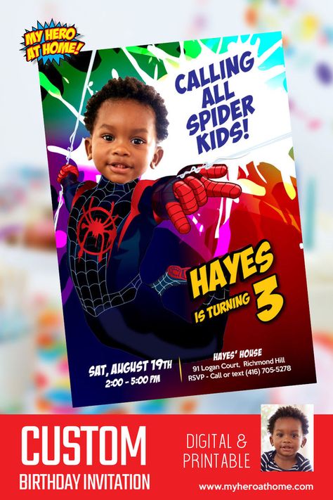 Miles Morales photo invitation. Miles Morales Birthday. Spider-Verse theme Party. Spider-Verse invitation. #milesmoralesinvitation #milesmoralestemplate #spiderversetemplate #spiderverseinvitation #spiderverseparty #spiderversebirthday #milesmoralesphoto #milesmoralesinvitation #myheroathome Miles Morales Party, Miles Morales Birthday, Football Invitations, Star Wars Invitations, Dinosaur Invitations, Invitation With Photo, Template Invitation, Custom Party Invitations, Invitation Kits