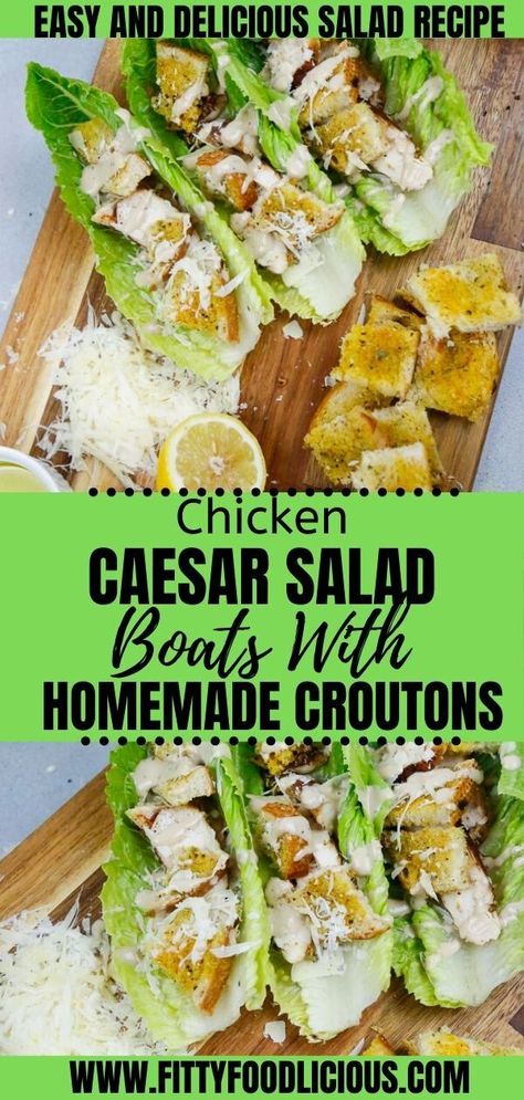 Healthy Food Board, Parmesan Sourdough Bread, Salad Boats, Salad Caesar, Classic Caesar Salad, Salad Chicken, Chicken Caesar, Chicken Caesar Salad, Croutons Homemade