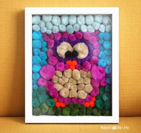 Pom Pom Owl Art - Repeat Crafter Me Pom Pom Owl, Owl Home Decor, Crochet Owls, Repeat Crafter Me, Diy Boho Decor, Crochet Owl, Pom Pom Crafts, Kids Canvas, Owl Ornament