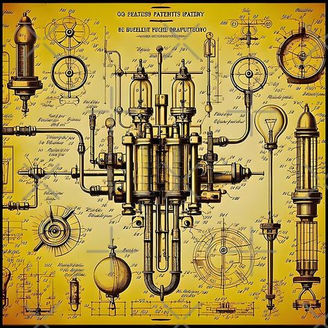 Steampunk Industrial Patent Diagram - Vintage Engineering Blueprint Art by Smart-CraftsPL | Redbubble Steampunk Blueprints, Technical Drawing Mechanical, Steampunk Engineer, Drawing Mechanical, Aesthetics Vintage, Steampunk Theme, Steampunk Industrial, Blueprint Art, Patent Drawing