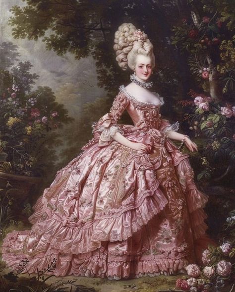 Marie Antoinette Fashion 18th Century, Rococo Fashion Painting, 1700s Royal Fashion, French Gowns 18th Century, Marie Antoinette Clothes, Rococo Era Fashion, 1700s Dresses Royal, Historical Fashion Aesthetic, Rococo Aesthetic Fashion