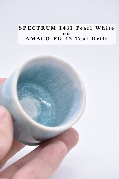 Spectrum 1431 Pearl White on Amaco new series PG-42 Teal Drift Fire to Cone 6 Pearl White Glaze Combinations, White Glaze Combinations, Spectrum Pearl White, Pearl White Glaze, Spectrum Glazes, Glaze Combinations, Glaze Combos, Glaze Ideas, Pottery Glaze