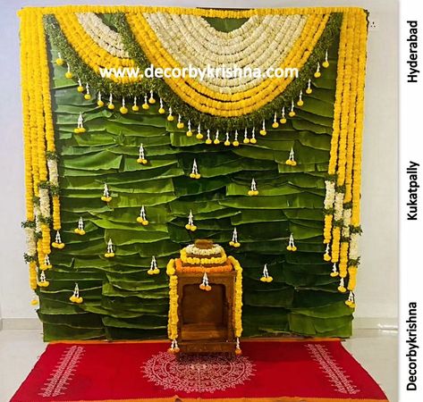 As we gather to seek blessings and grace, let the beauty of banana leaf backdrops and the fragrance of fresh blooms fill our hearts with joy and reverence. Here's to a Sathyanarayana Swamy pooja adorned with the purity of nature's blessings. Sathyanarayana Swamy Pooja Decor by Ravali @vibrant_decorsandrentals of #kompally branch #hyderabad #sathyanarayanapooja #srisathyanarayanaswamy #vrathamdecor #ecofriendly #bananaleafbackdrop #decorbykrishnakukatpally @decorbykrishna is a unit of @pell... Banana Leaf Backdrop, Sathyanarayana Swamy, Haldi Dress Ideas, Leaf Backdrop, Banana Leaf Decor, Leaf Decor Wedding, Pooja Decor, Haldi Dress, Decoration For Ganpati