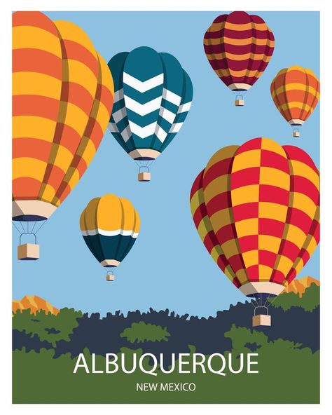 albuquerque new mexico landscape background with hot air balloon festival. vector illustration for poster, postcard, art print, template. New Mexico Balloon Festival, Hot Air Balloon Poster, Hot Air Balloon Illustration, Albuquerque Balloon Festival, Background For Poster, Hot Air Balloon Art, New Mexico Landscape, Mexico Landscape, Hot Air Balloons Art