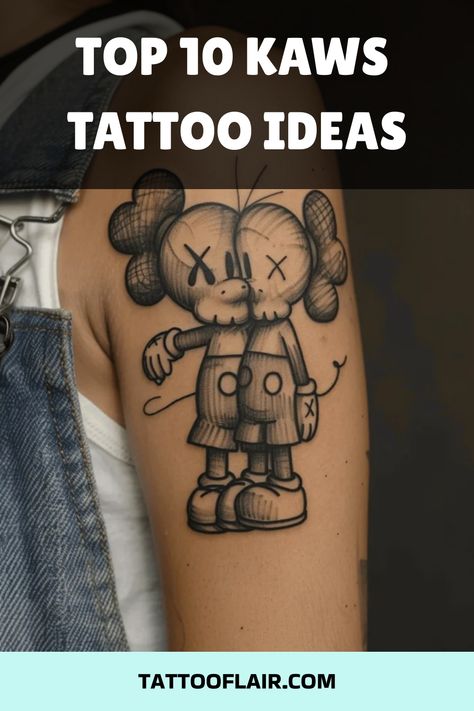 KAWS tattoos are a unique blend of pop culture and street art. Known for his iconic characters and vibrant designs, KAWS has inspired many tattoo enthusiasts. Whether you prefer minimalist designs or detailed artwork, there’s a KAWS tattoo idea perfect for you. Here are 10 diverse styles and placements to consider for your next KAWS tattoo. KAWS Minimalist Forearm Tattoo This minimalist KAWS tattoo is placed on the forearm. It features a simple, black outline of the character, focusing on the ic Kaws Tattoo Ideas Leg, Kaws Tattoo Design, Minimalist Forearm Tattoo, Kaws Tattoo Sleeve, Kaws Tattoo, Cow Skull Tattoos, Antique Tattoo, Pop Culture Tattoos, Honey Bee Tattoo