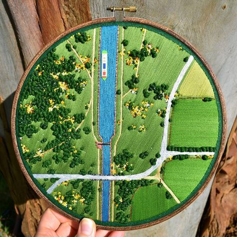 'Drifting past spring meadows' - where do you think they're drifting to? Do they have a destination at all? . My second-ever canal piece… | Instagram Aerial Landscape Embroidery, Clothes Embroidery Diy, Diy Embroidery Patterns, Hand Embroidery Projects, Embroidery On Clothes, Diy Watercolor, Bead Weaving Patterns, Hand Embroidery Art, Embroidery Craft