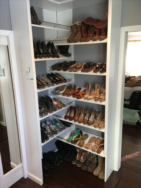 Corner Shoe Rack Shoe Corner Shelf, Corner Shoe Storage Ideas, Corner Shoe Shelves In Closet, Corner Shoes Storage, Corner Shoe Cabinet, Shoe Corner Storage, Diy Corner Shoe Shelf, Corner Shoe Rack Ideas, Diy Corner Shoe Rack