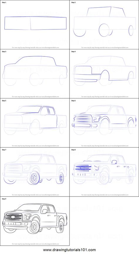 Ford F150 Drawing, Truck Sketch Simple, Drawing Cars Step By Step, How To Draw Truck, How To Draw A Truck Step By Step, How To Draw A Truck, Drawing Truck, Monster Truck Drawing, Vehicles Drawing