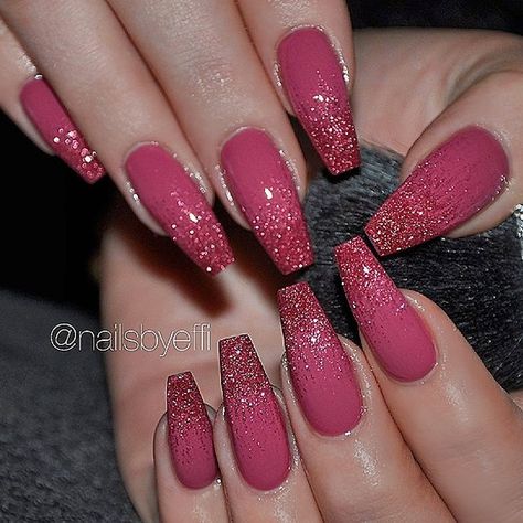 ✨ REPOST - - • - - Dark Rose Pink with Glitter-Ombre on Coffin Nails 🌹💫 - - • - - 📷 Picture and Nail Design by @nailsbyeffi 💖 Follow her… Nail Designs Bling, Ombre Gel Nails, Nails Dark, New Nail Designs, Short Coffin Nails, Ombre Nail Designs, Nails Prom, Super Nails, Nails Polish