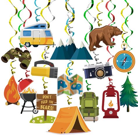 PRICES MAY VARY. HANGING SWIRL KITS -- The camping hanging swirl decor kits including 30 double side cutouts , 30 foil hanging swirls. COOL & BEAUTIFUL DECOR -- Those hanging banner decorations are designed with popular camping elements. Any fan of it will like them. You can decorate them on the ceiling, window, overhangs, archway, doorway and so on. CAMPING PARTY SUPPLIES -- If you are planning to hold a camping birthday party for your kids, the bright color foil swirls decorations and the popu Kids Camping Birthday Party, Camping Birthday Party Decorations, Camping Theme Birthday Party, Camping Theme Birthday, Camping Theme Party, Adventure Party, Kids Camping, Camping Birthday Party, Camping Birthday