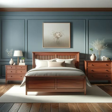 smoky blue walls with cherry wood bedroom furniture Kitchen Hacienda Style, Cherry Wood Bedroom Furniture, Cherry Wood Bedroom, Hacienda Style Kitchen, Wood Bedroom Decor, Mexican Style Kitchens, Walnut Bed Frame, Cherry Bedroom Furniture, Walnut Bedroom Furniture