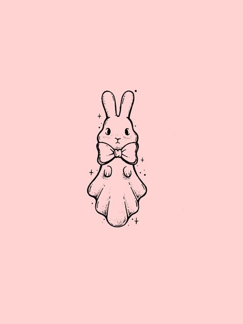 Cute pink spring wallpaper with a drawing of a cute ghost bunny Adorable Ghost Tattoo, Ghost Bunny Tattoo, Pink Spring Wallpaper, Spooky Animals, Ghost Rabbit, Ghost Bunny, Ipad Widgets, Space Bunnies, Bunny Tattoos