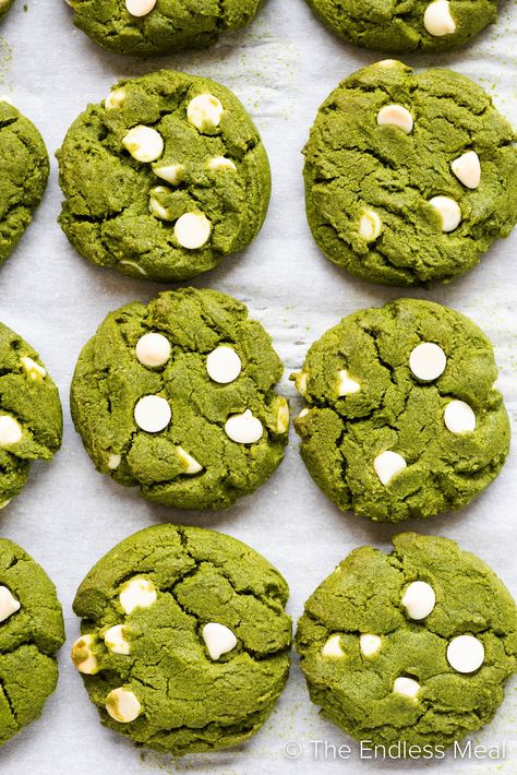 Afternoon tea just got more colorful with these delightful matcha cookies. The subtle earthy taste of matcha is perfectly paired with vanilla and creamy white chocolate chips. They're simple to make with pantry ingredients, fun to eat, and ready in just 20 minutes! #theendlessmeal #matchacookies #greenteacookies #matcha #greentea #green #cookies Matcha White Chocolate Cookies, Green Cookies, Cookies With White Chocolate Chips, Green Tea Cookies, Cookies With White Chocolate, Matcha White Chocolate, Matcha Cookies, Matcha Chocolate, Silicone Baking Sheet