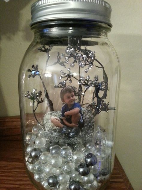 This was my first mason jar project with a picture of Alex inside. Easy and fun! Mason Jar Photo, Mason Jar Art, Memory Jars, Decorative Glass Jars, Memory Jar, Mason Jar Projects, Empty Glass Bottles, Fairy Jars, Diy Glass Bottle Crafts